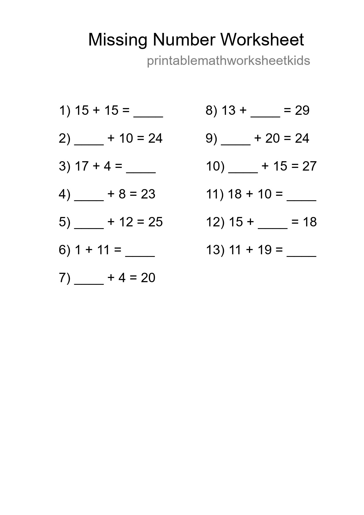 Missing Number Math Worksheet