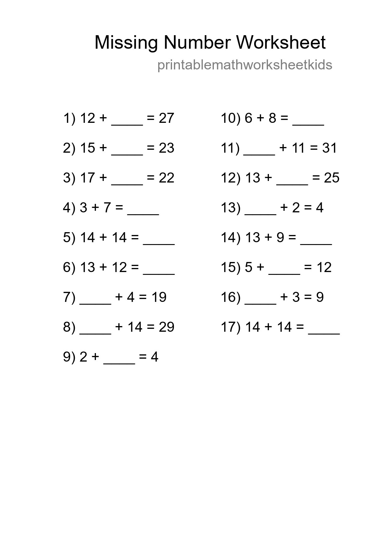 Missing Number Math Worksheet