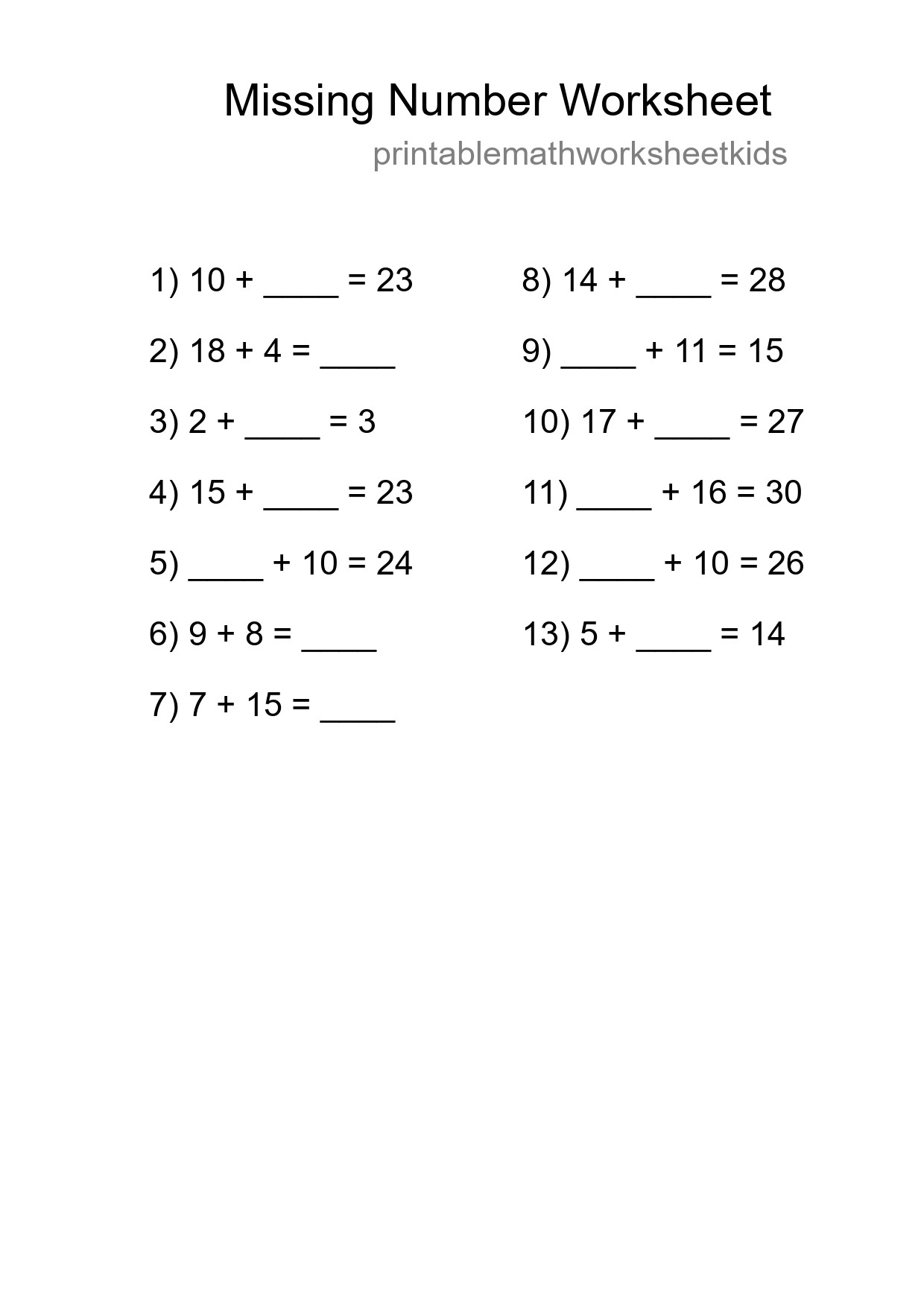 Missing Number Math Worksheet