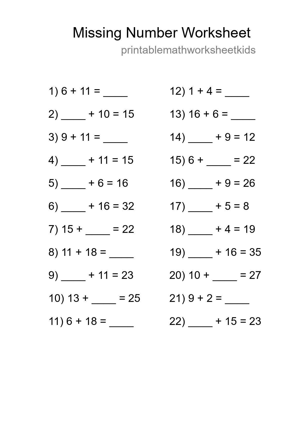 Missing Number Math Worksheet