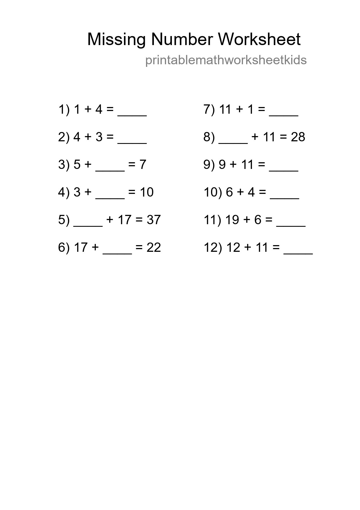 Missing Number Math Worksheet
