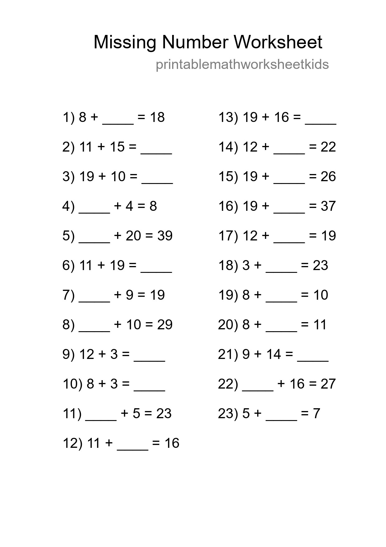 Missing Number Math Worksheet