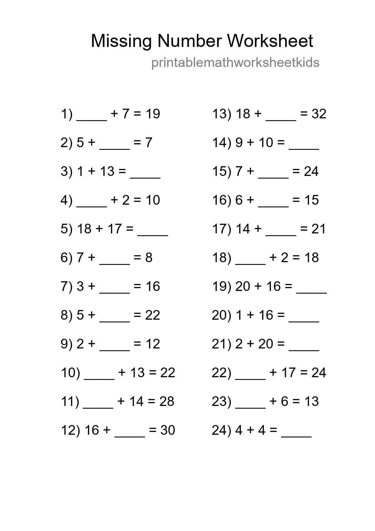 Missing Number Math Worksheet