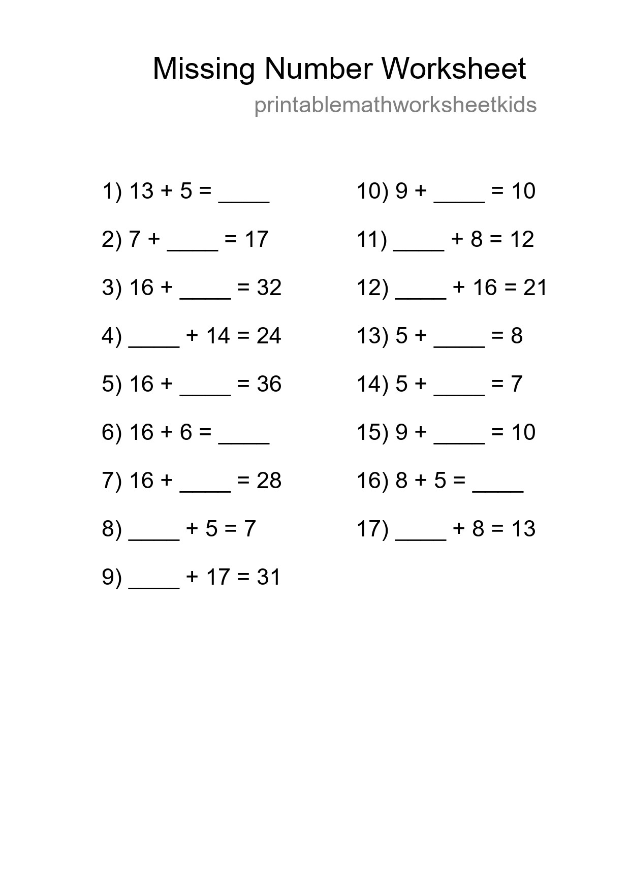 Missing Number Math Worksheet