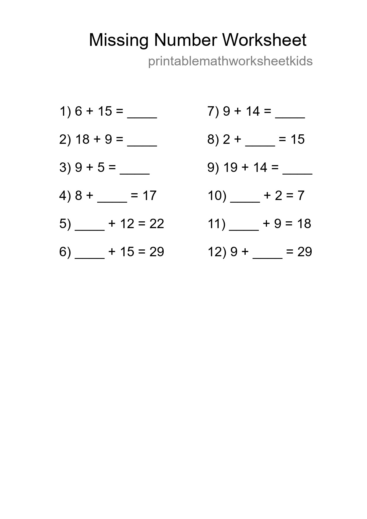 Missing Number Math Worksheet