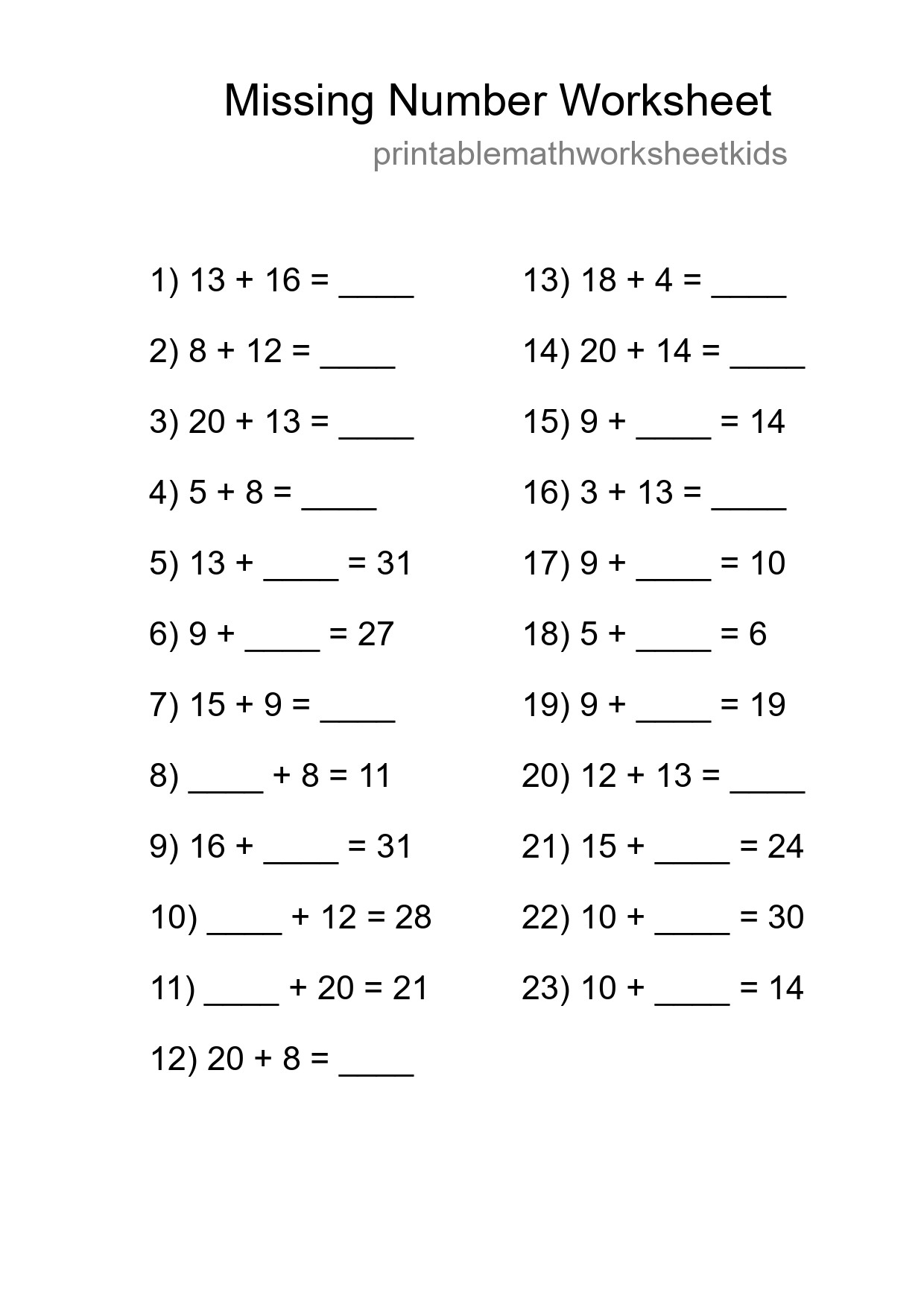 Missing Number Math Worksheet