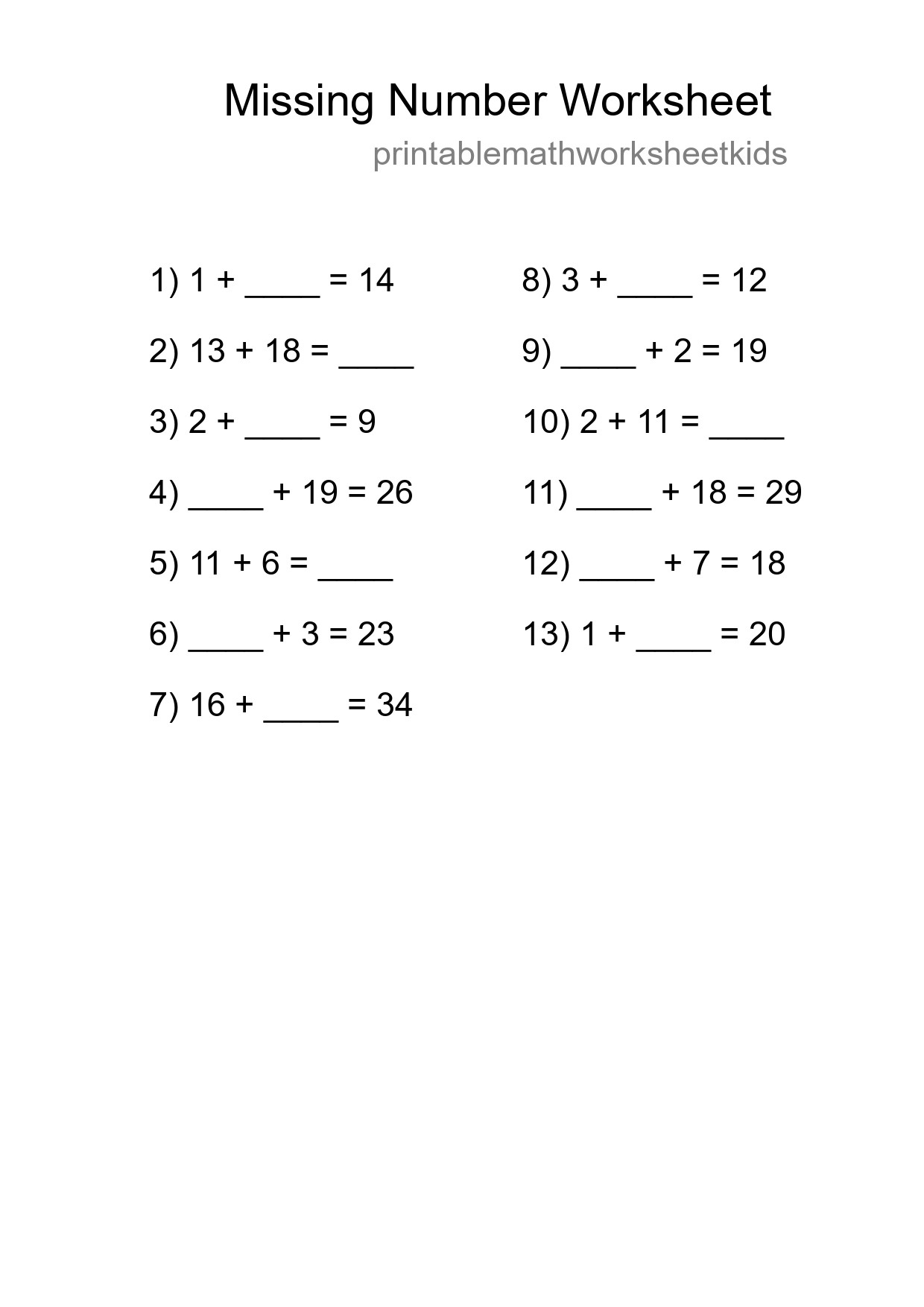 Missing Number Math Worksheet