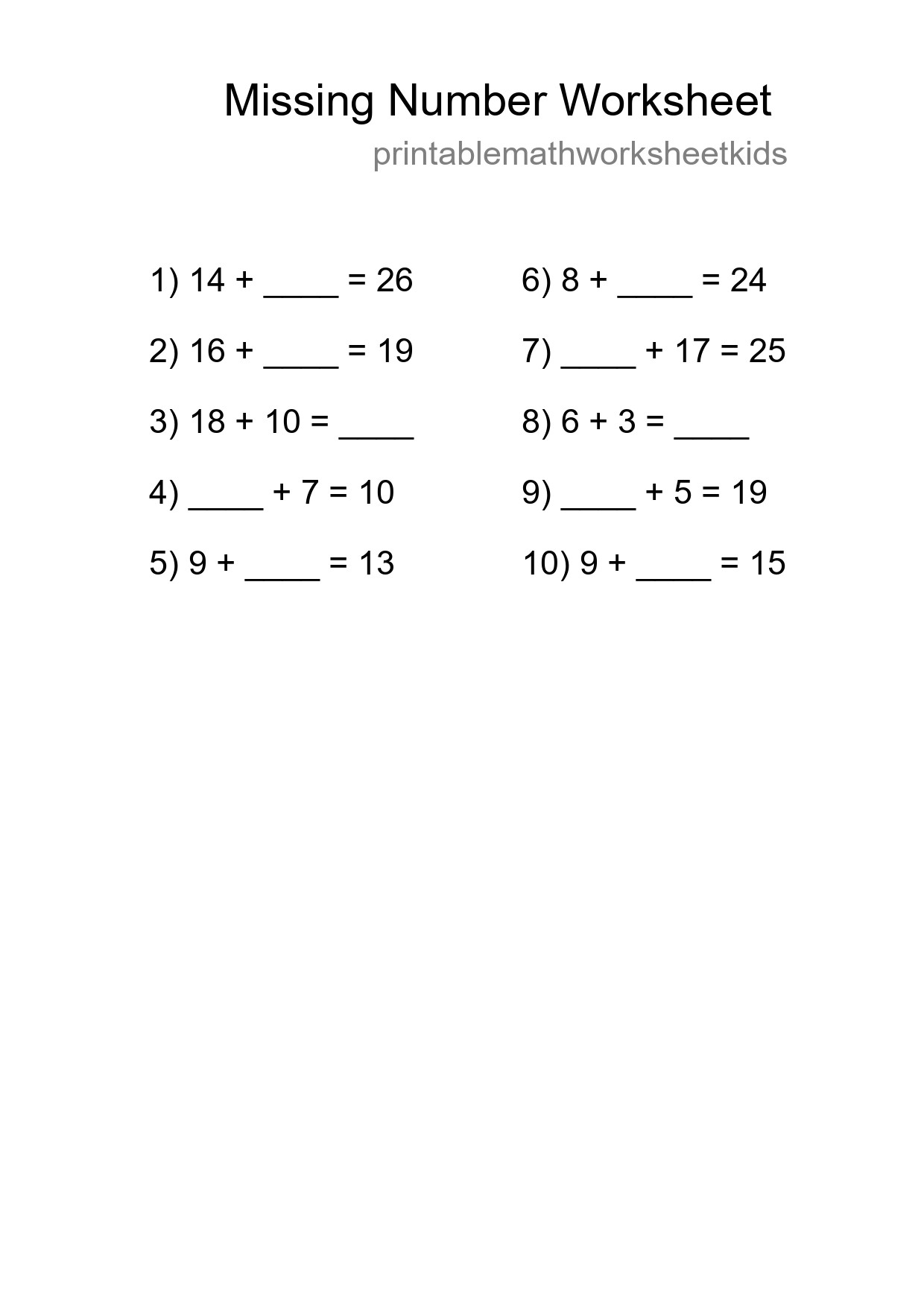 Missing Number Math Worksheet