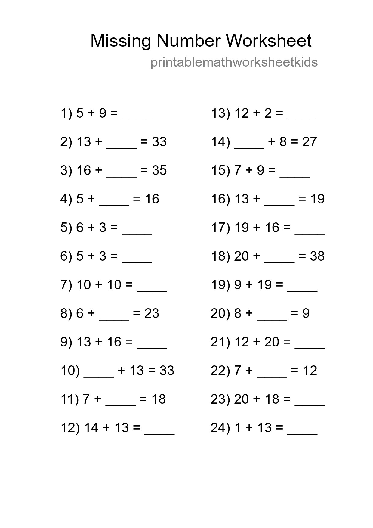 Missing Number Math Worksheet