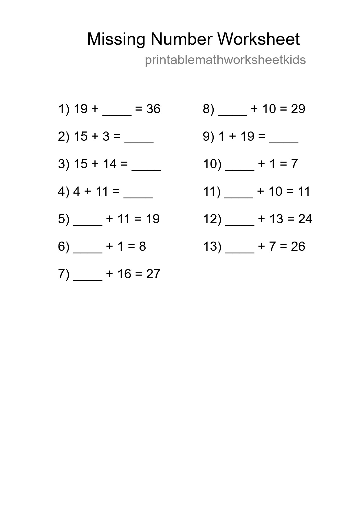 Missing Number Math Worksheet