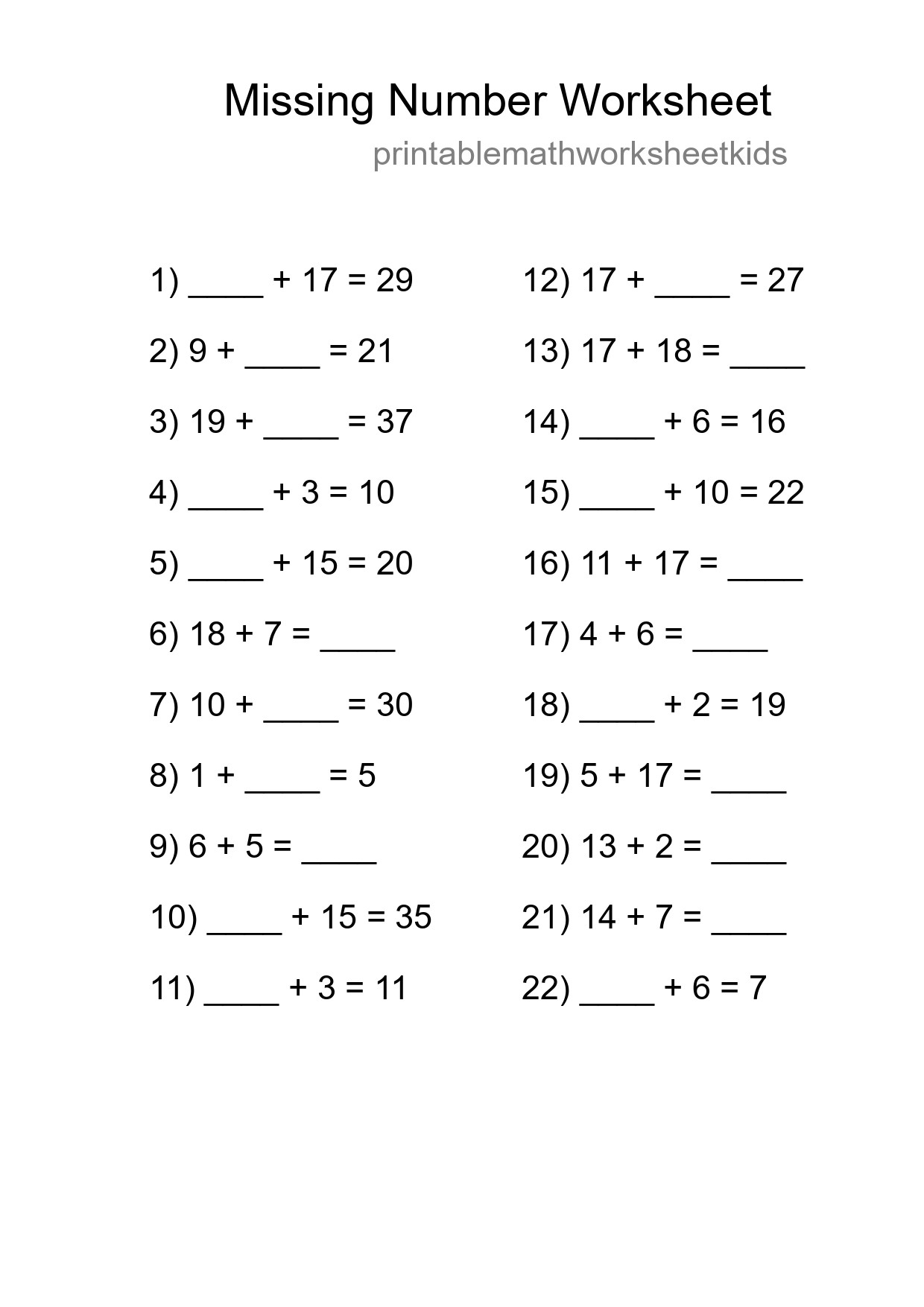 Missing Number Math Worksheet
