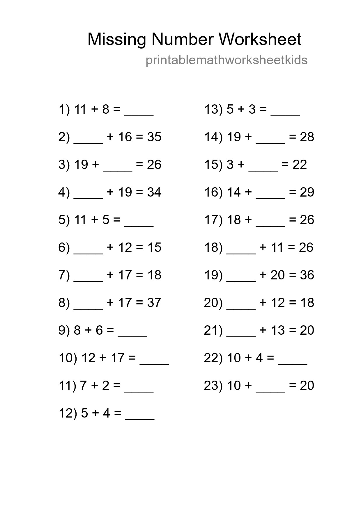 Missing Number Math Worksheet