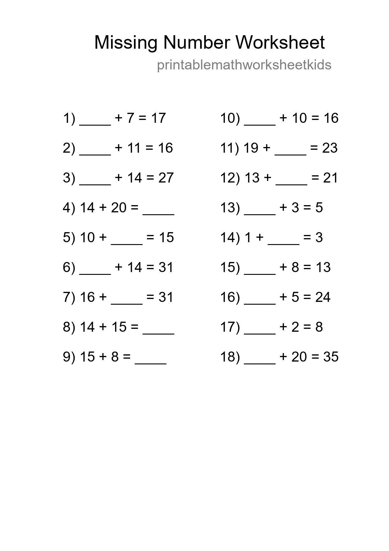 Missing Number Math Worksheet