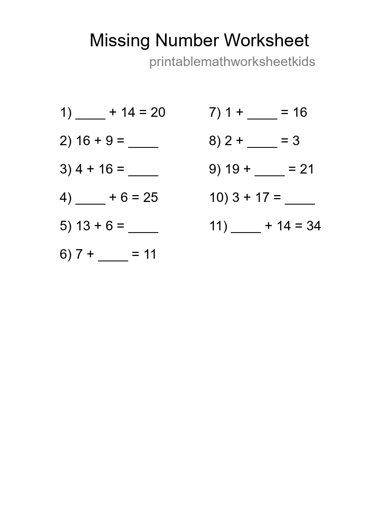Missing Number Math Worksheet