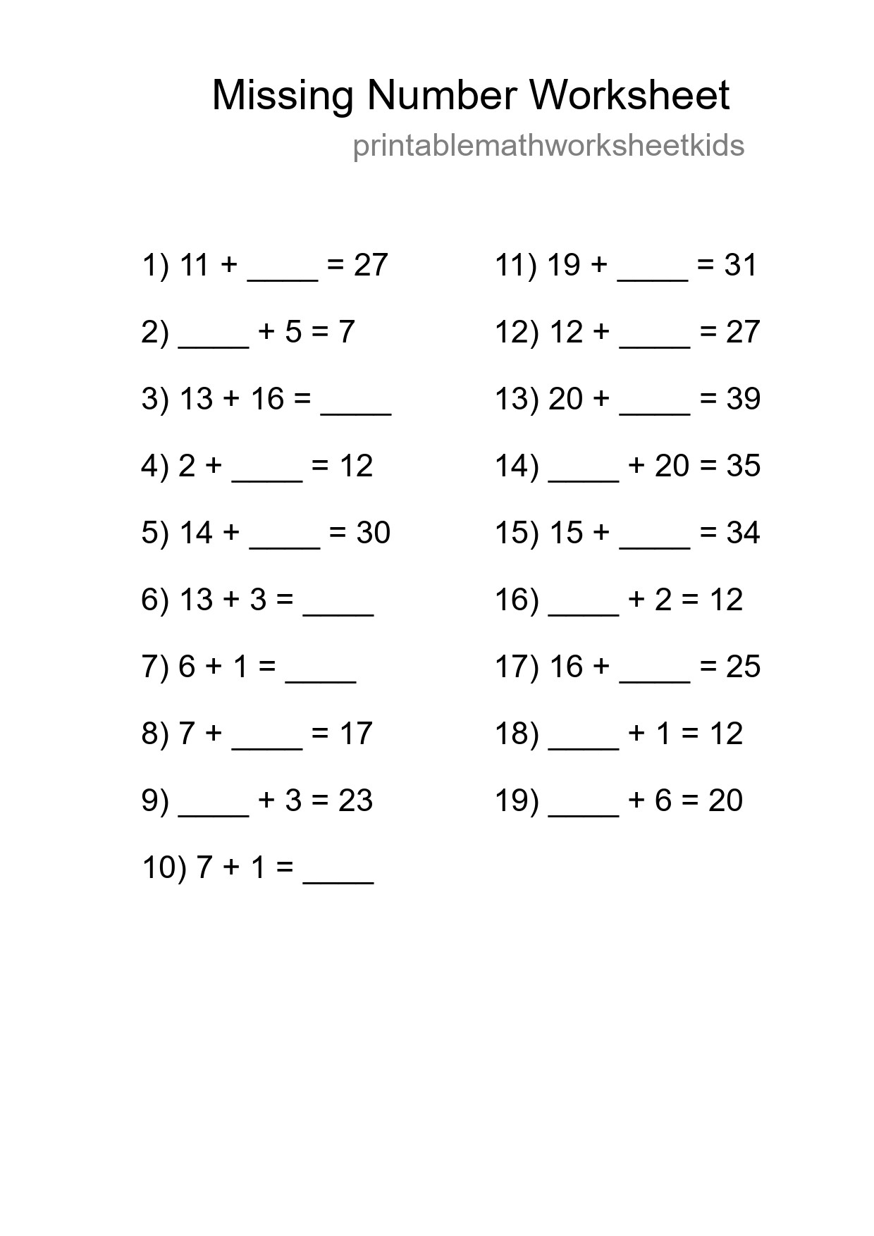 Missing Number Math Worksheet
