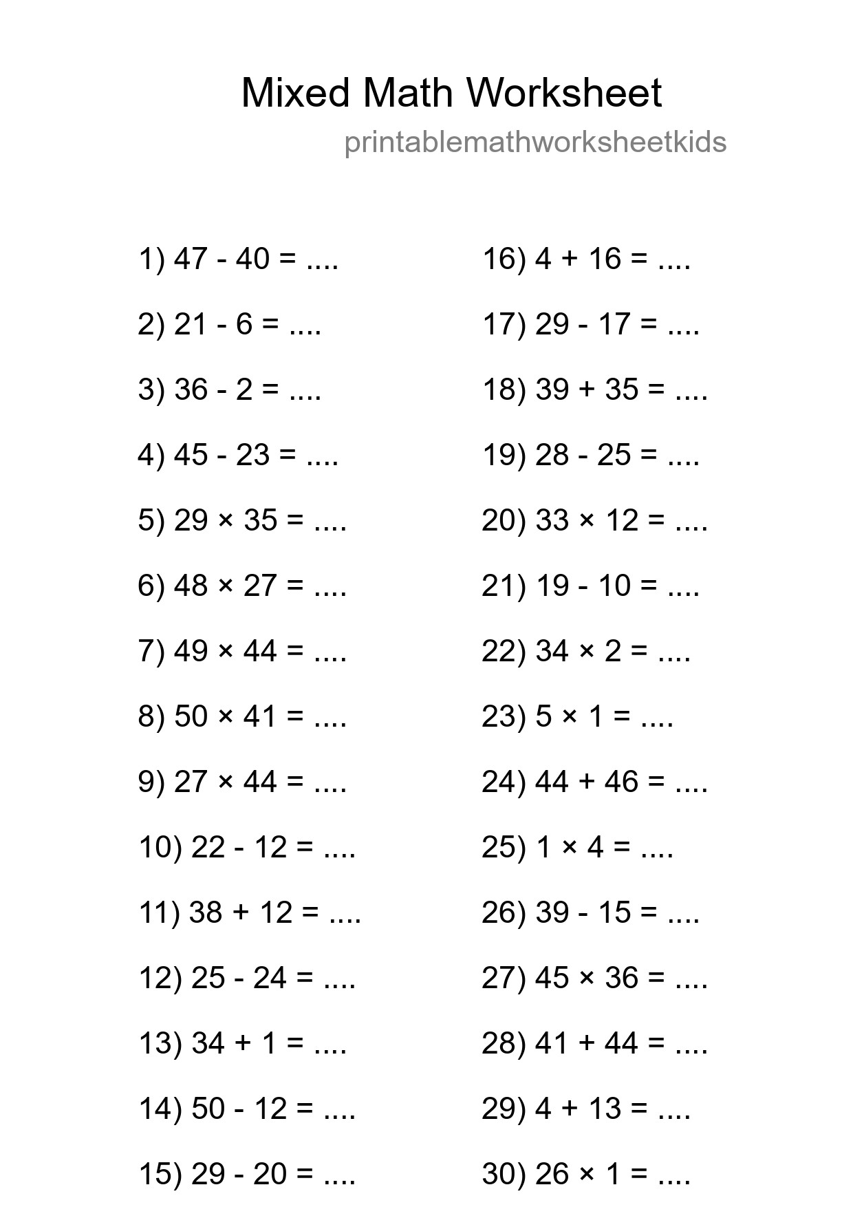 Mixed Operations Math Worksheet