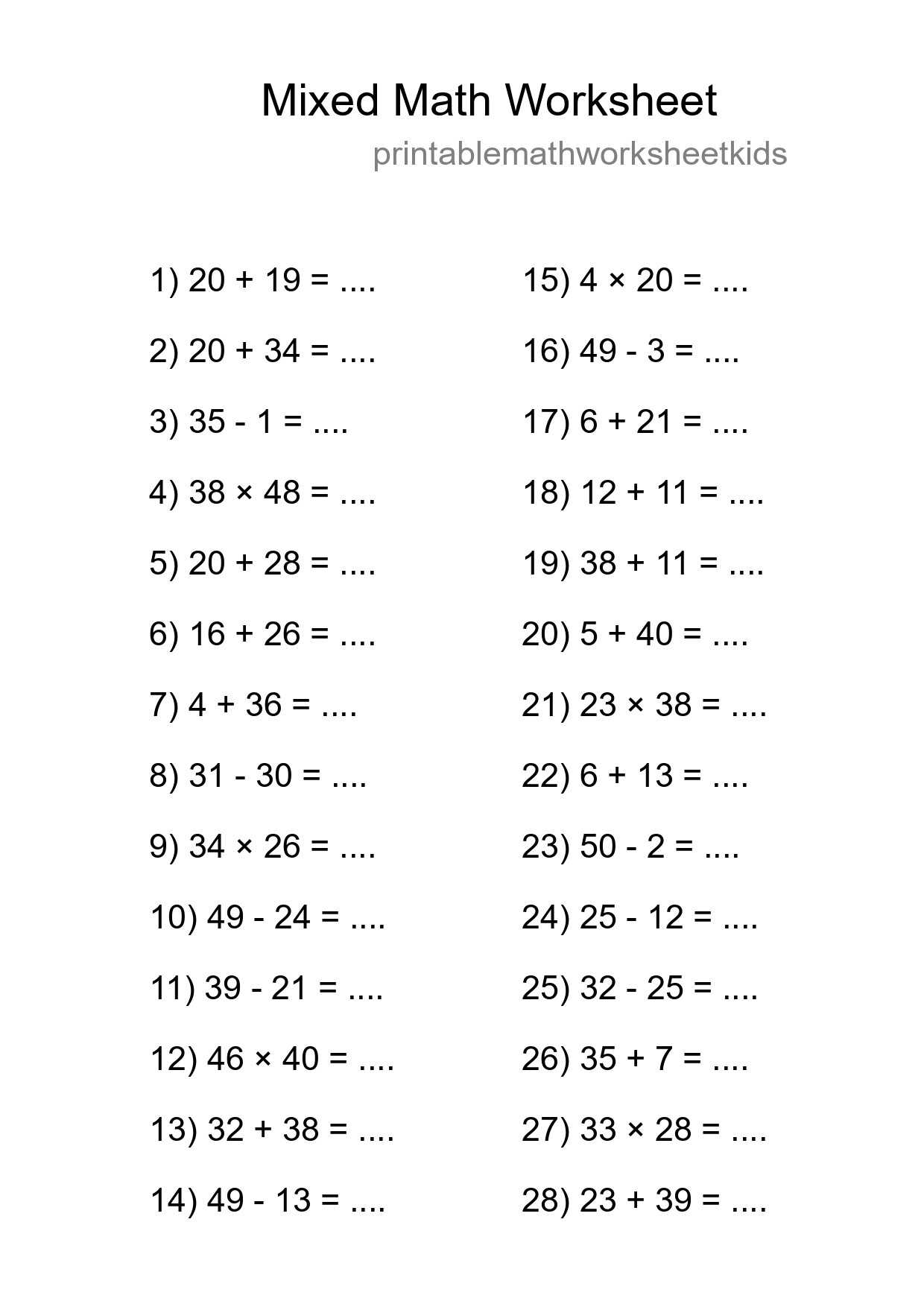 Mixed Operations Math Worksheet
