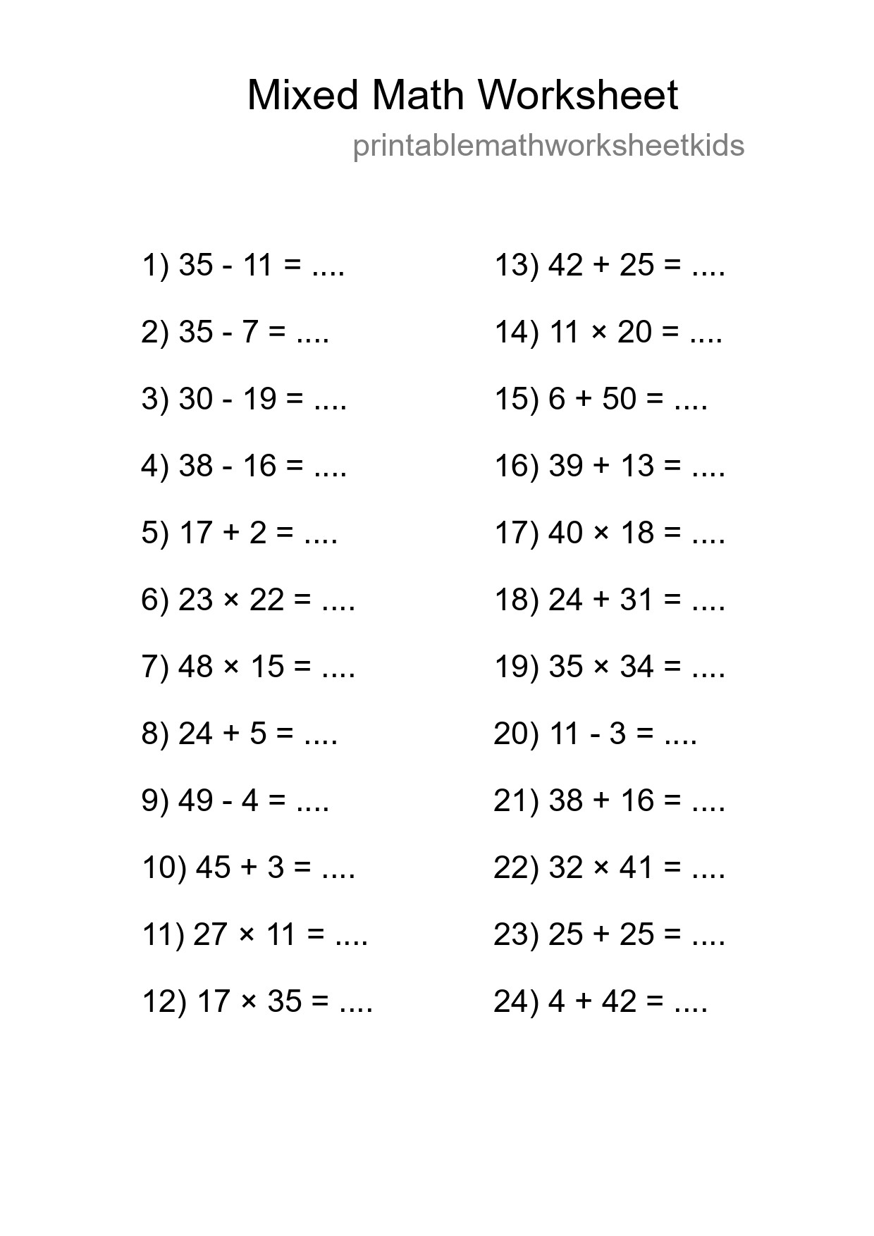 Mixed Operations Math Worksheet
