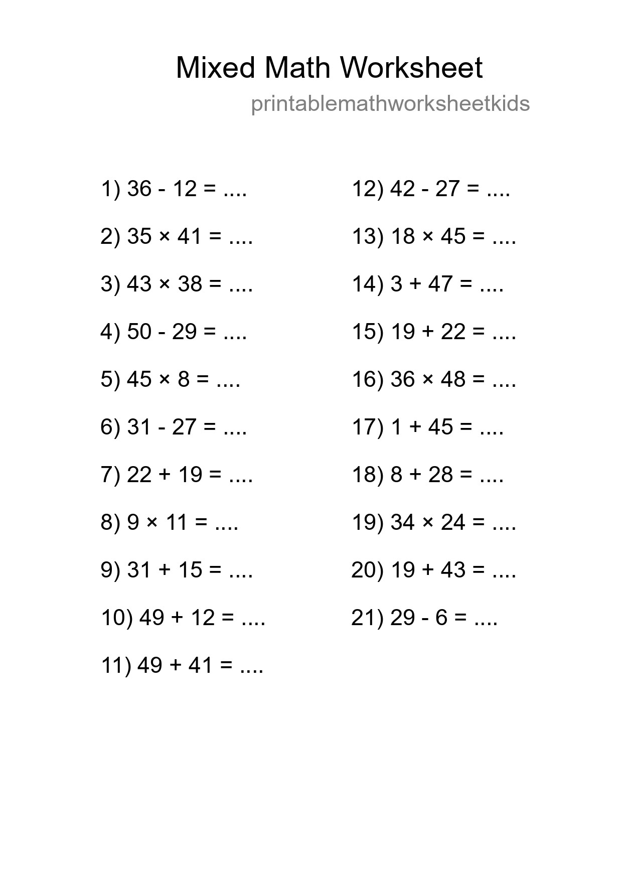 Mixed Operations Math Worksheet