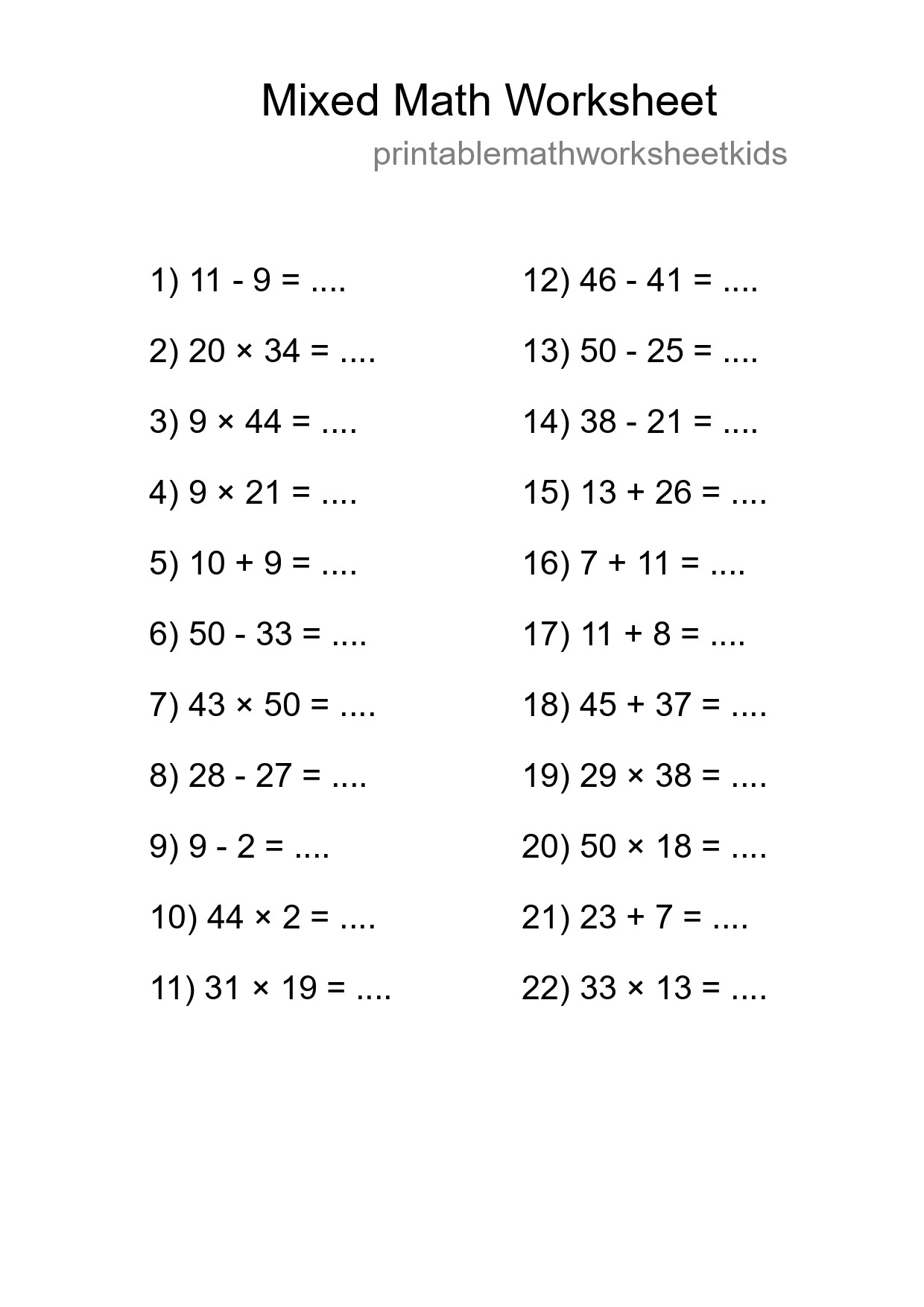 Mixed Operations Math Worksheet