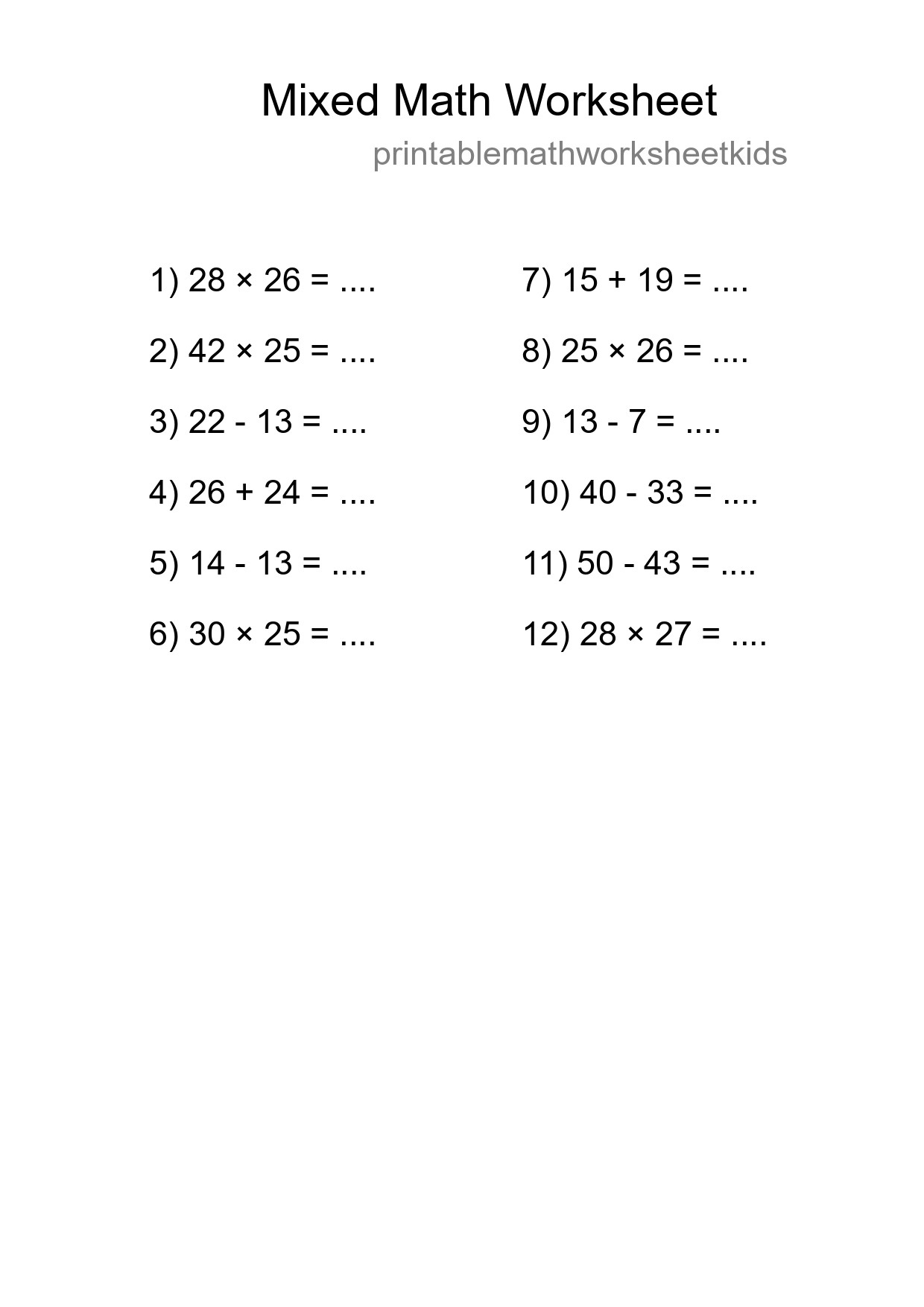 Mixed Operations Math Worksheet