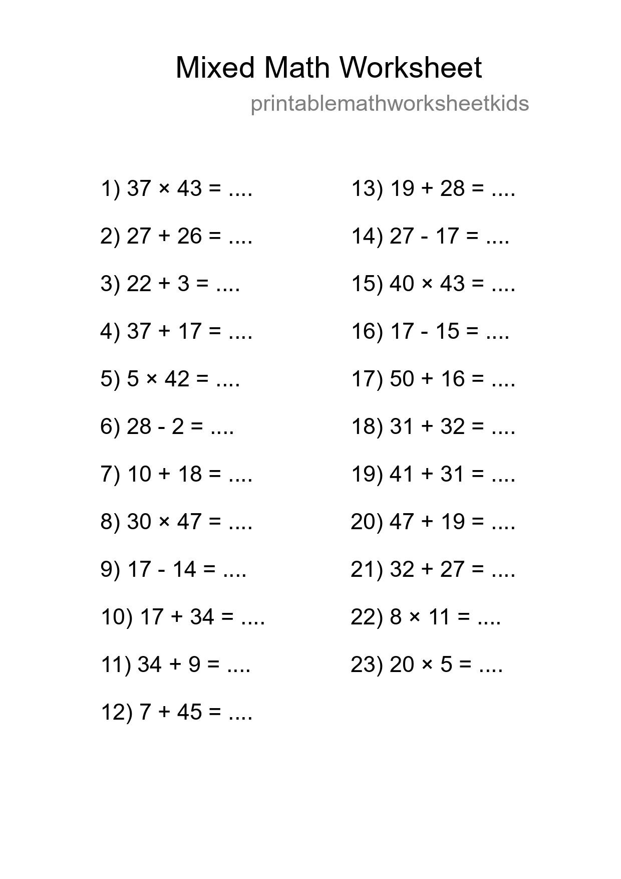 Mixed Operations Math Worksheet