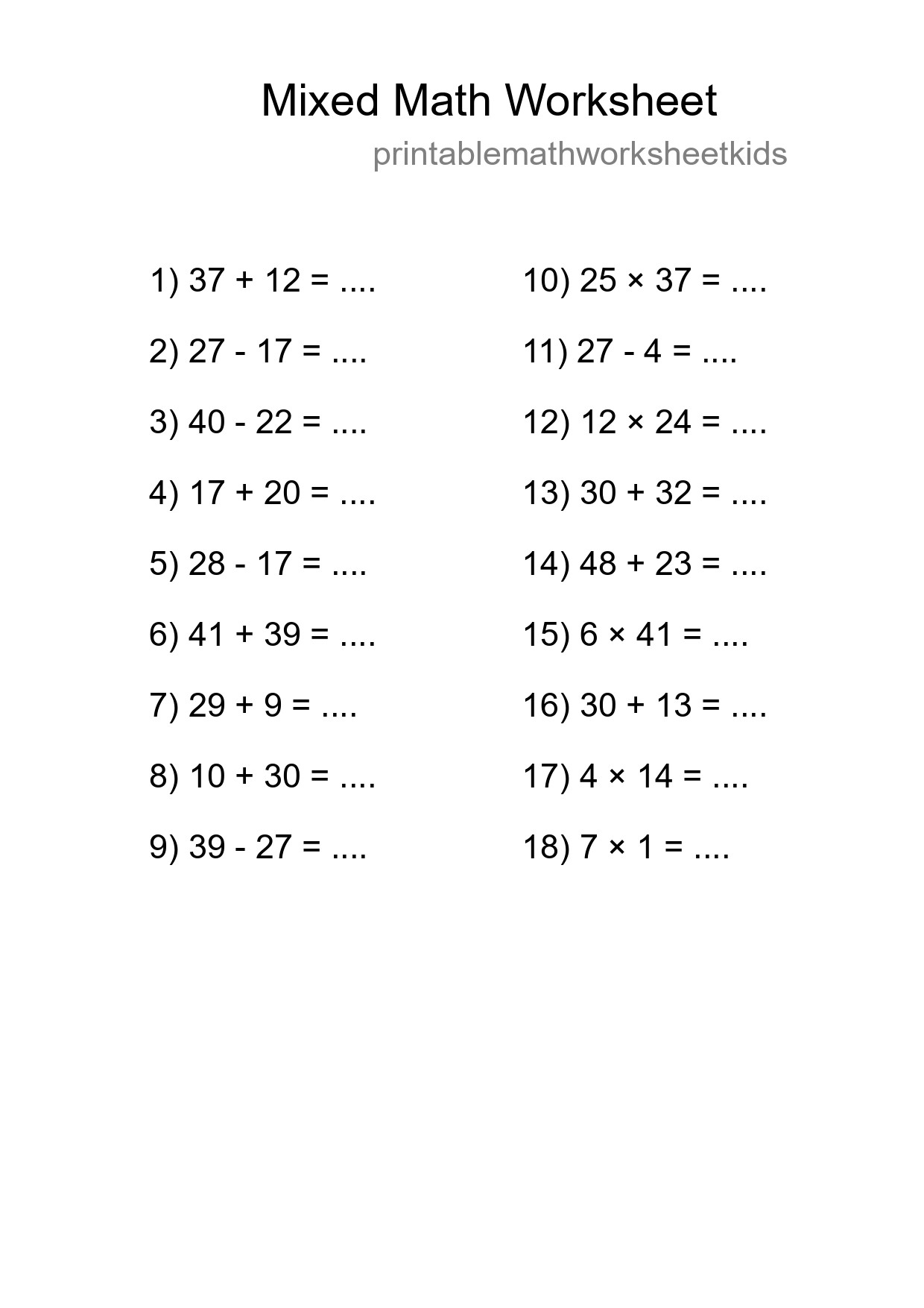 Mixed Operations Math Worksheet