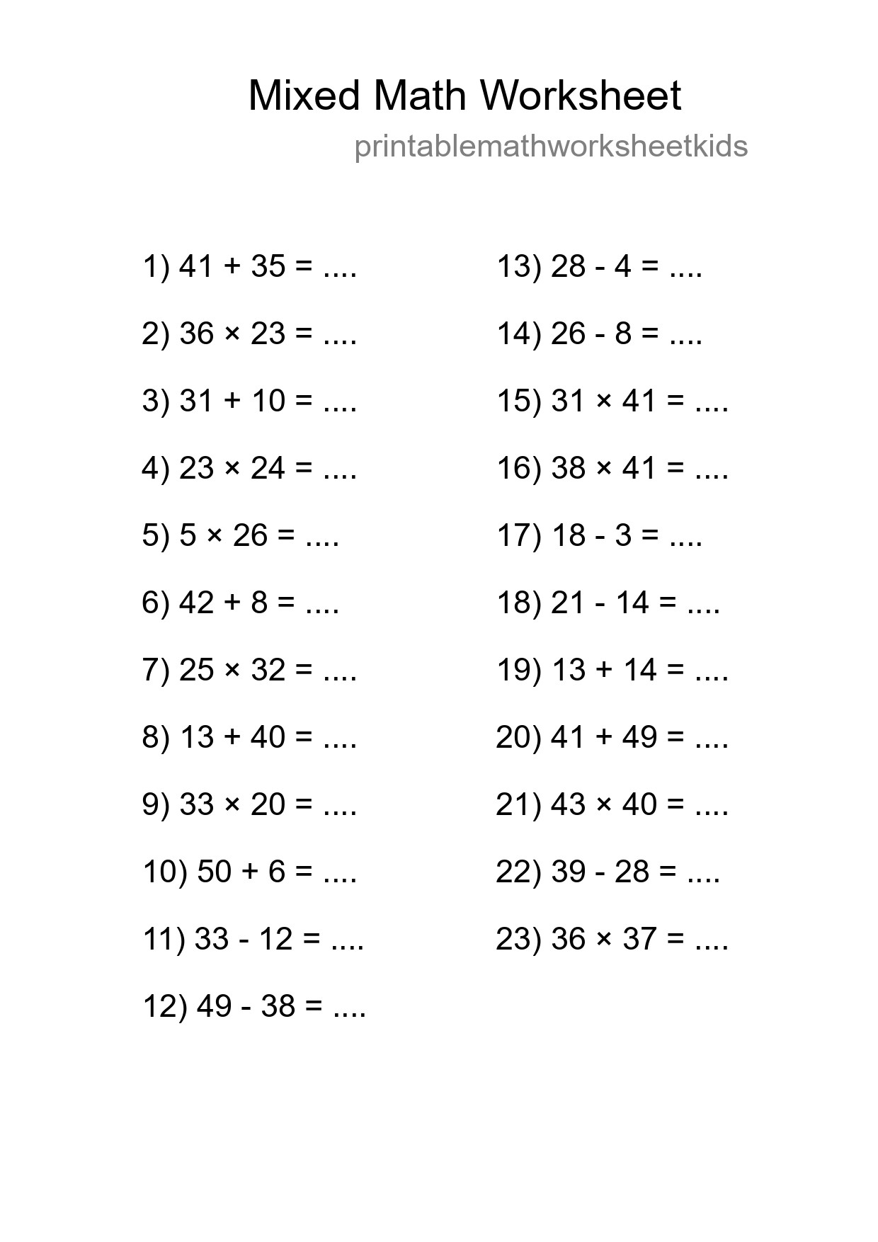 Mixed Operations Math Worksheet