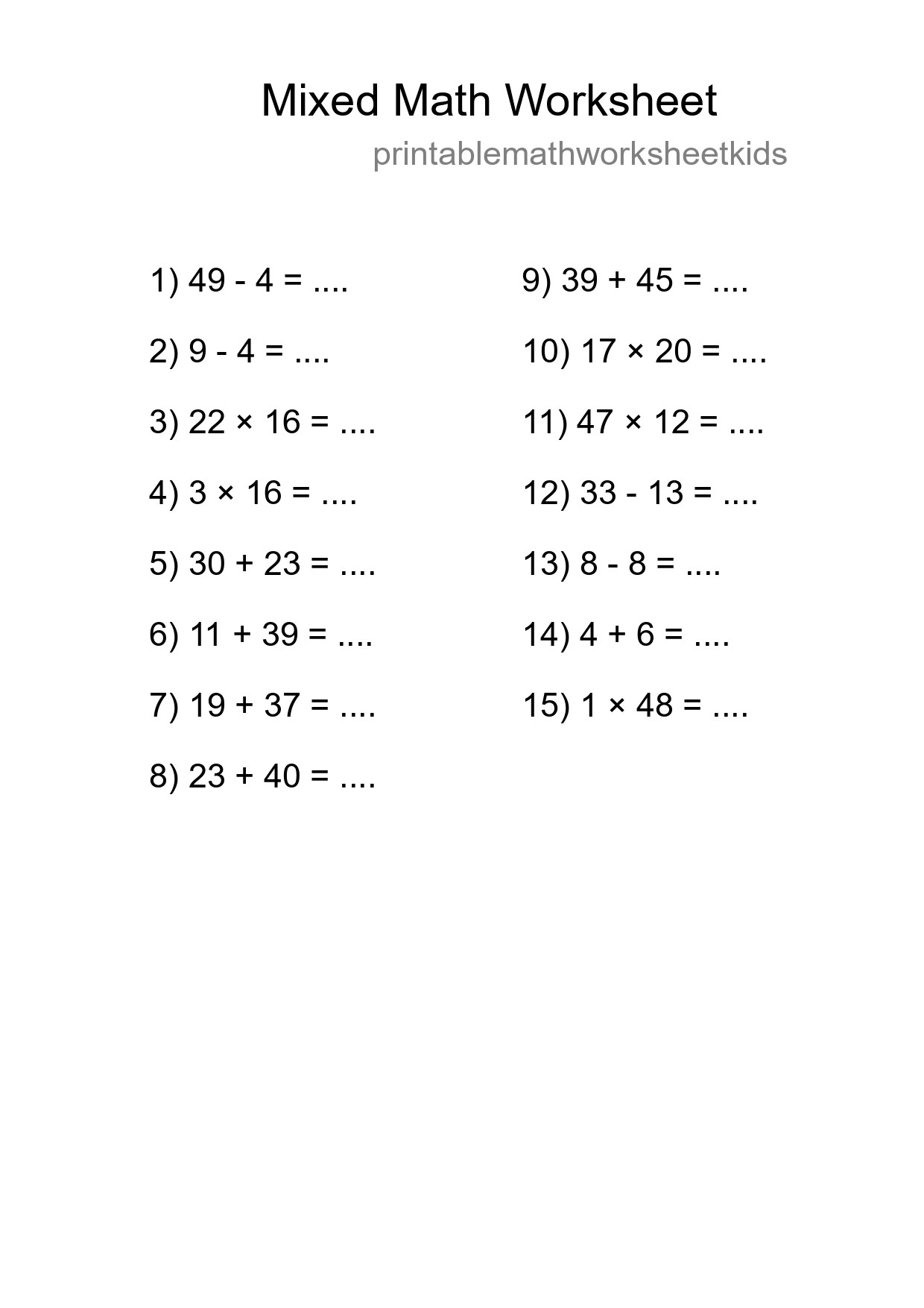 Mixed Operations Math Worksheet