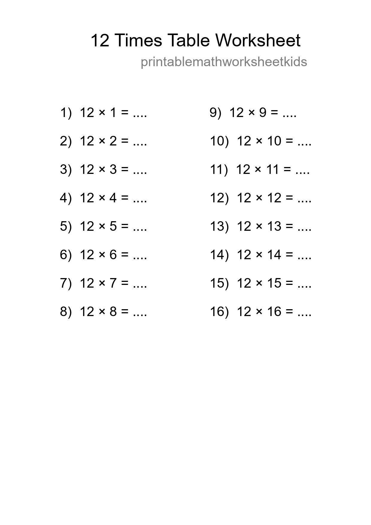 Printable 12 Times Table Worksheet For Grade 4 - Part 53