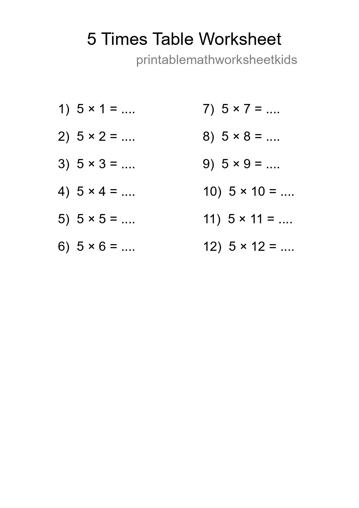 Printable 5 Times Table Worksheet For Grade 2 - Part 218
