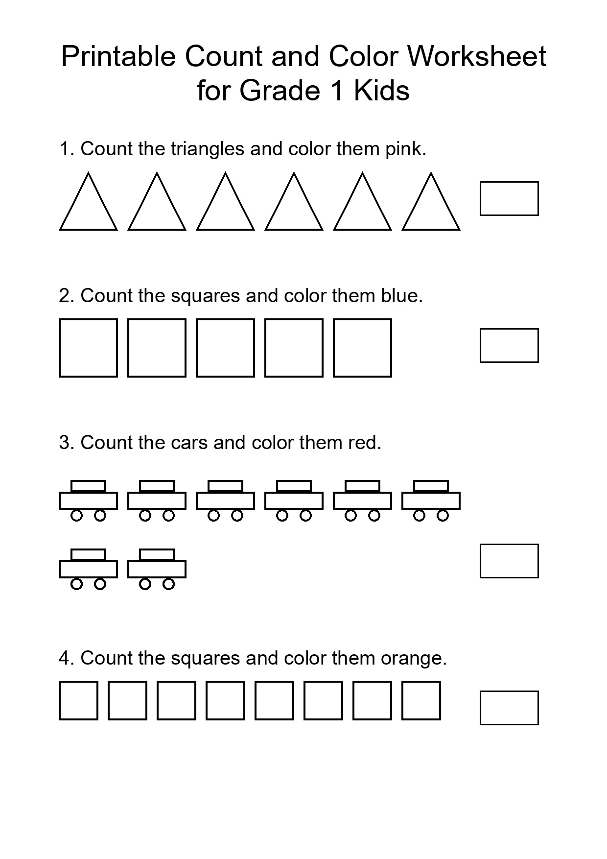 Printable Count and Color Worksheet for Grade 1 Kids