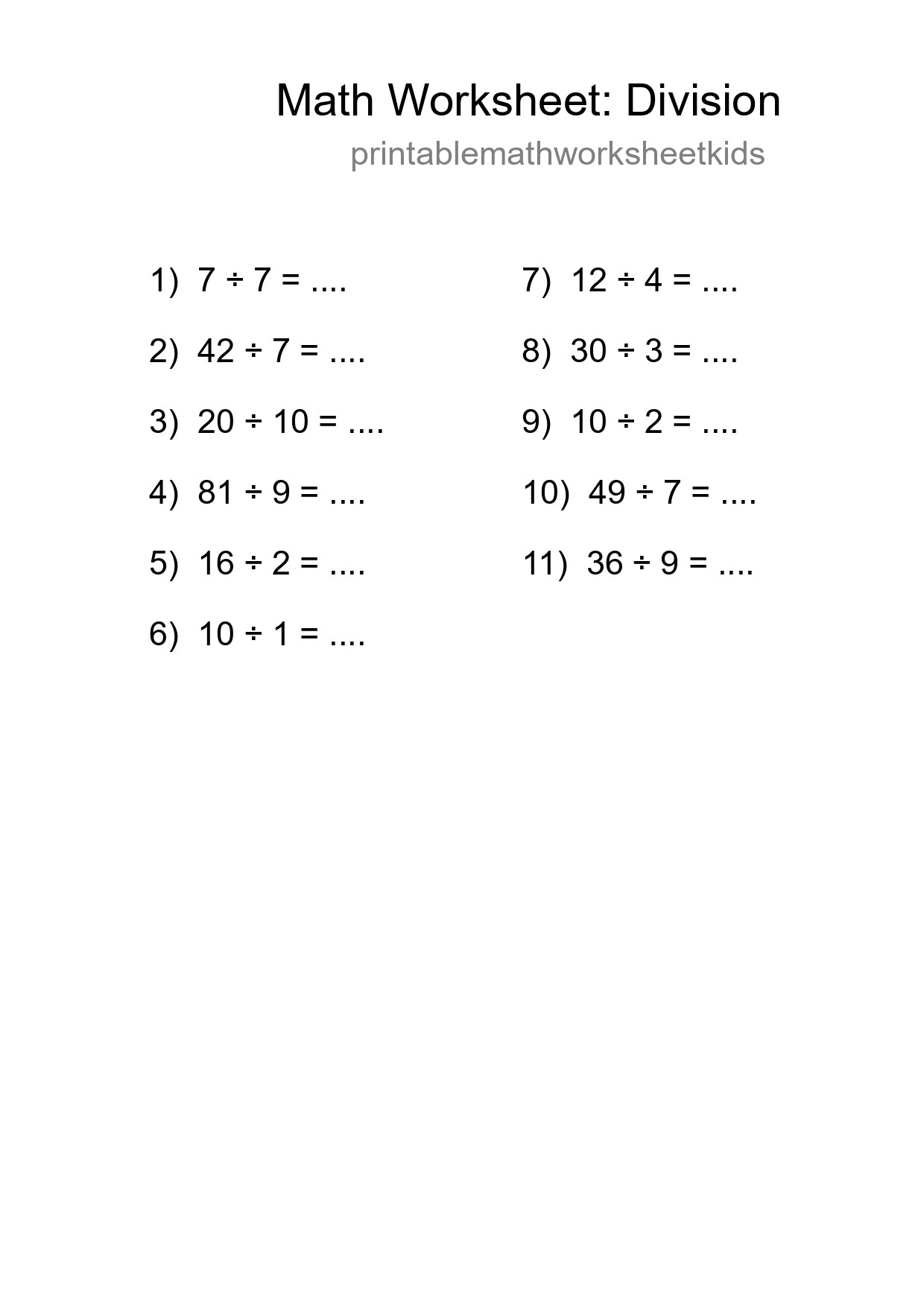 Printable Free 11 Division Math Worksheet For Grade 1 - Part 158
