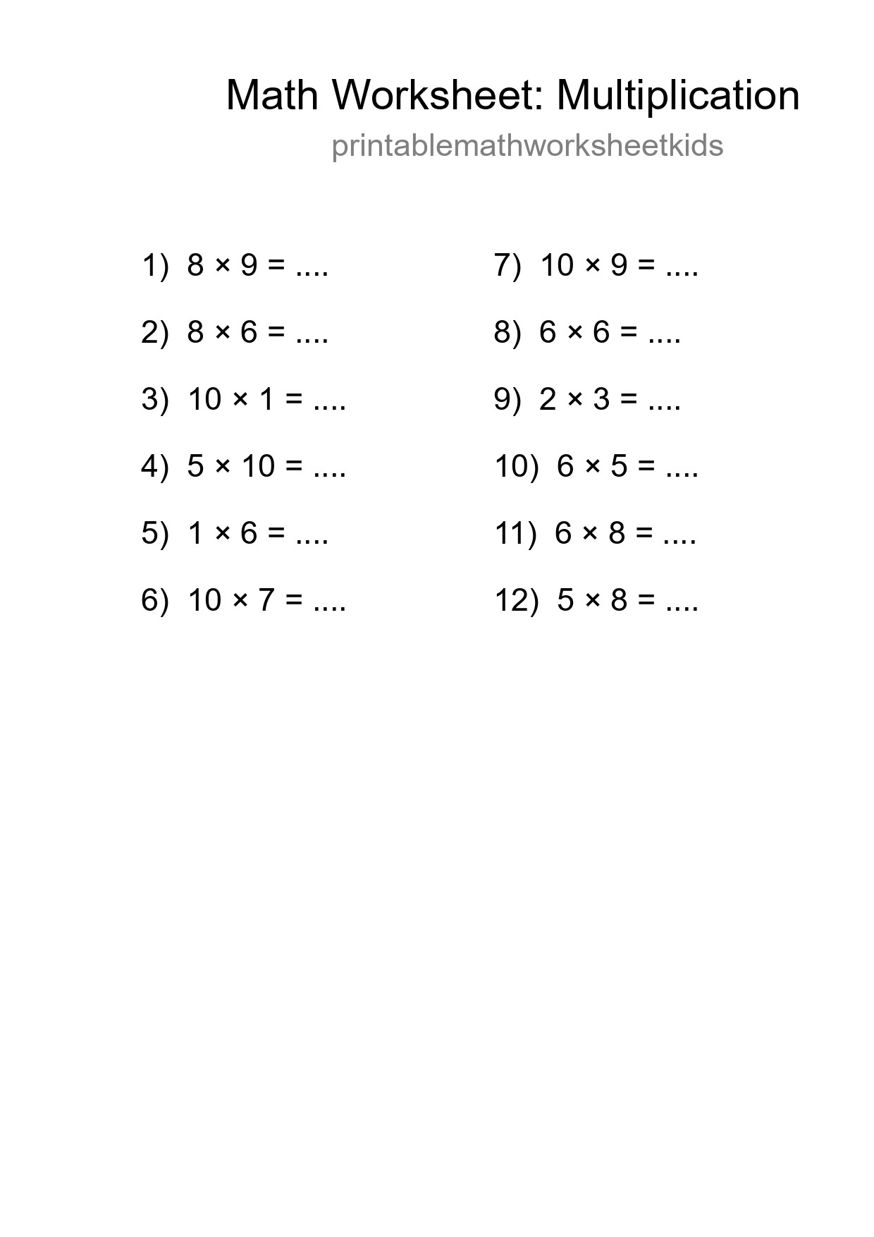 Printable Free 12 Multiplication Math Worksheet For Grade 1 - Part 161
