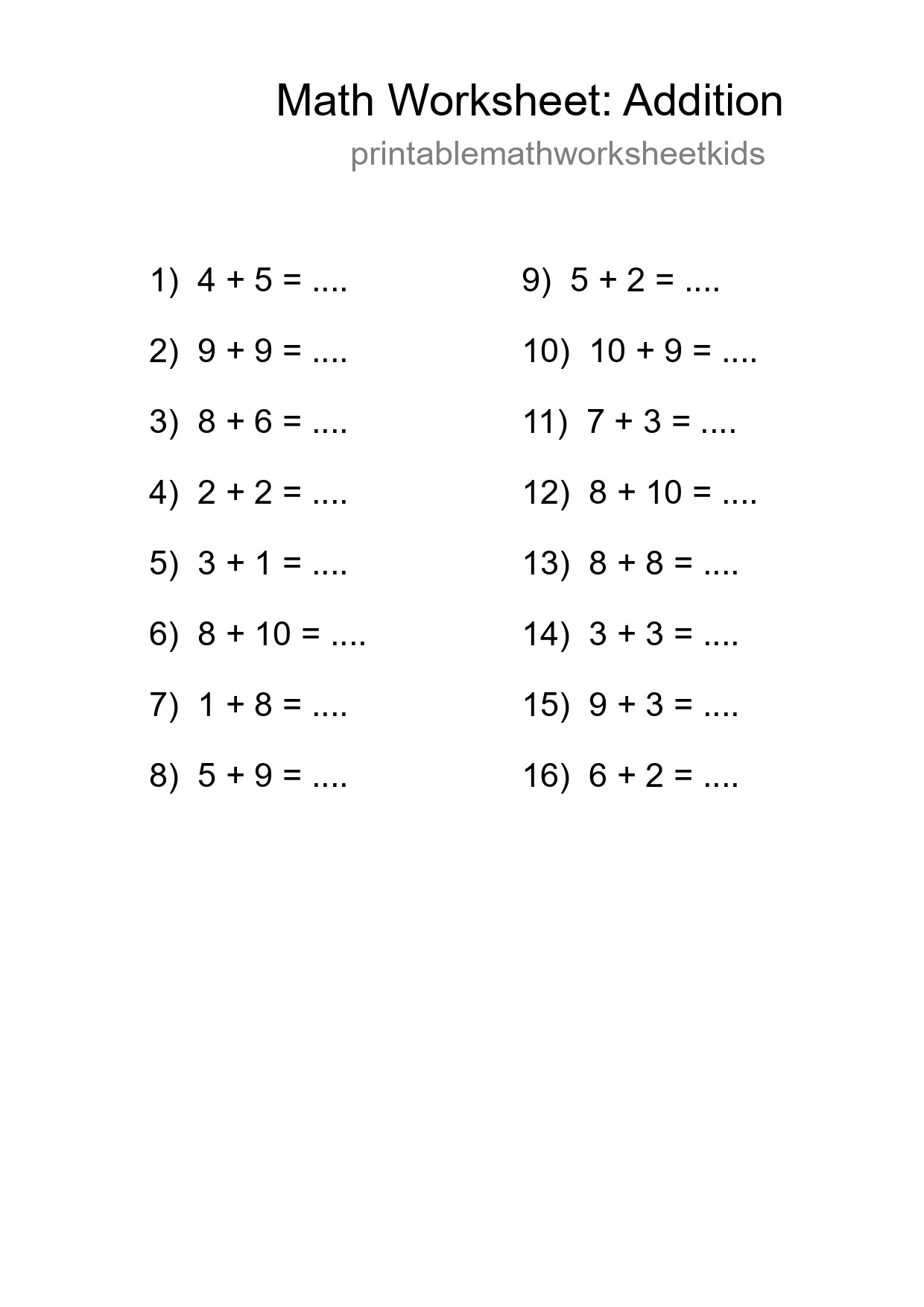 Printable Free 16 Addition Math Worksheet For Grade 1 - Part 67
