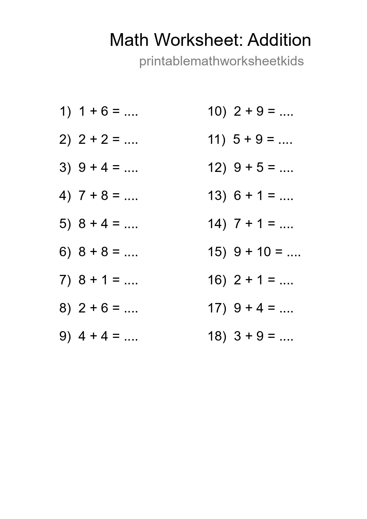 Printable Free 18 Addition Math Worksheet For Grade 1 - Part 34