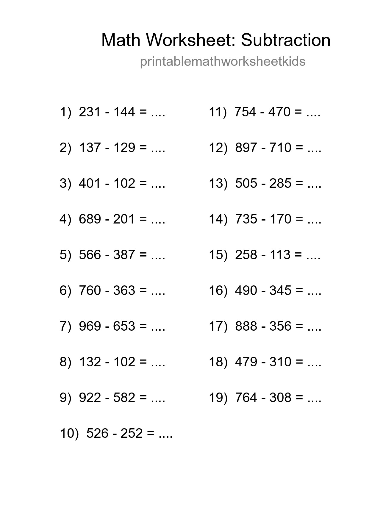 Printable Free 19 Subtraction Math Worksheet For Grade 5 - Part 151