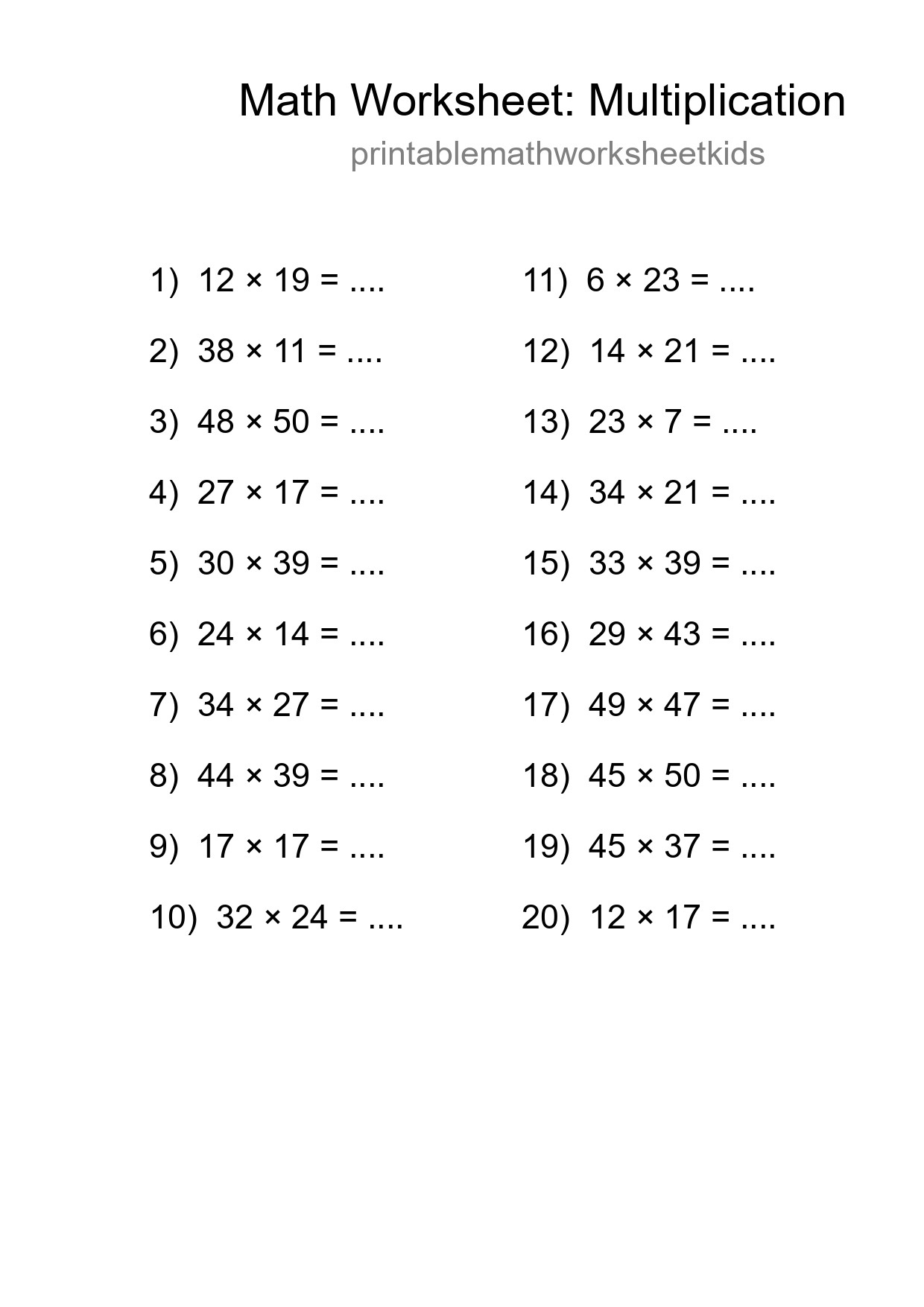 Printable Free 20 Multiplication Math Worksheet For Grade 2 - Part 227