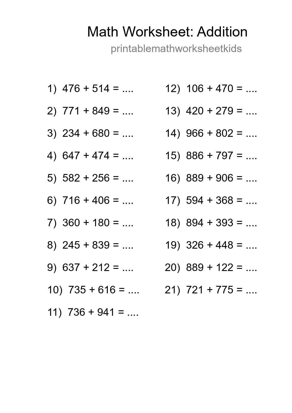 Printable Free 21 Addition Math Worksheet For Grade 5 - Part 111