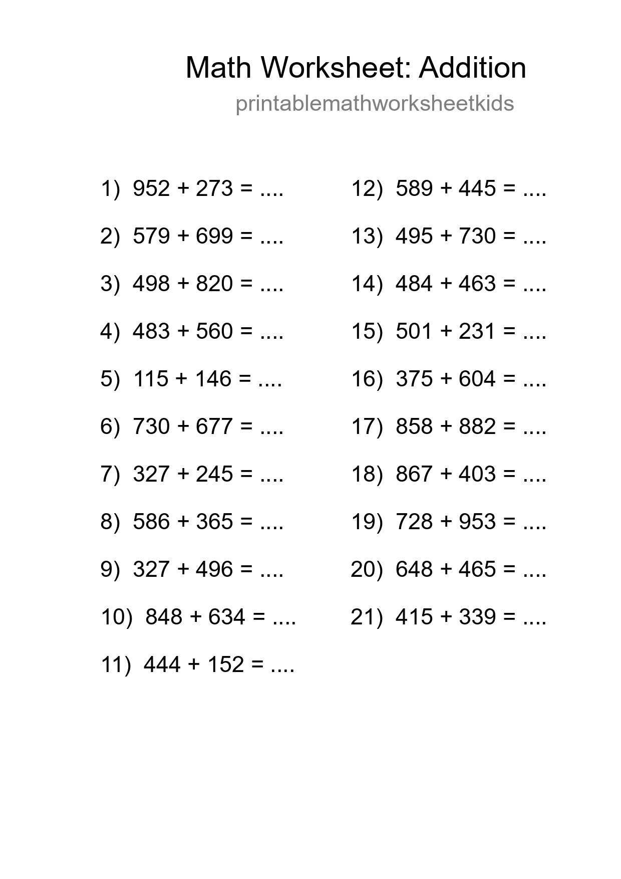 Printable Free 21 Addition Math Worksheet For Grade 5 - Part 45