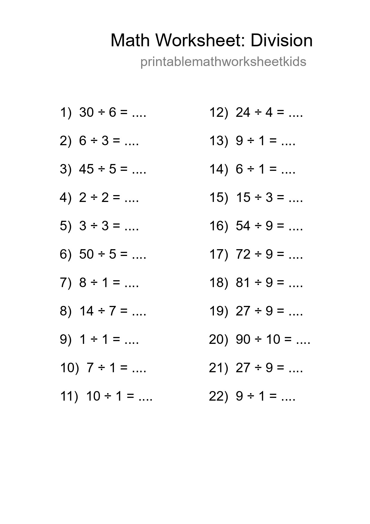 Printable Free 22 Division Math Worksheet For Grade 1 - Part 235