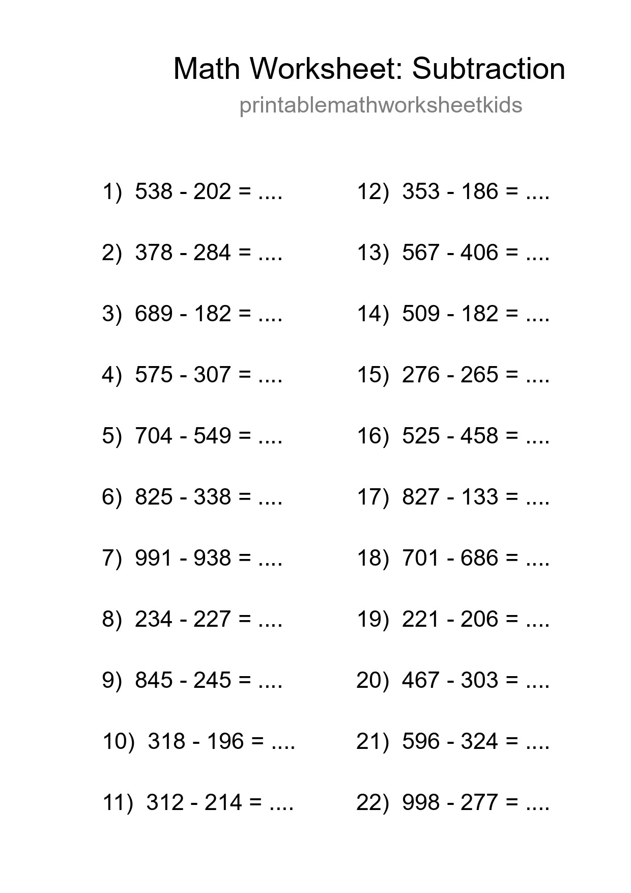 Printable Free 22 Subtraction Math Worksheet For Grade 5 - Part 162
