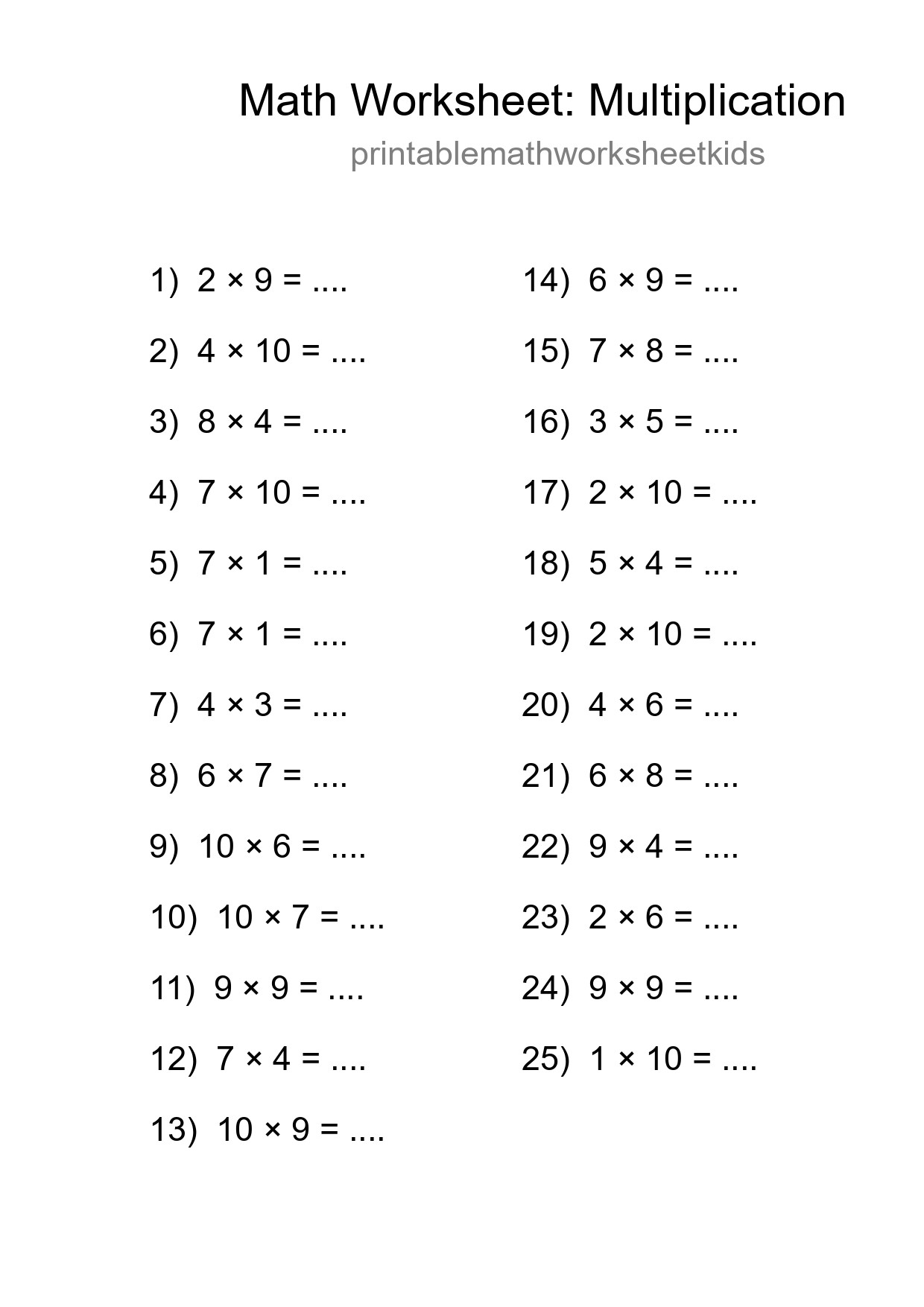 Printable Free 25 Multiplication Math Worksheet For Grade 1 - Part 128