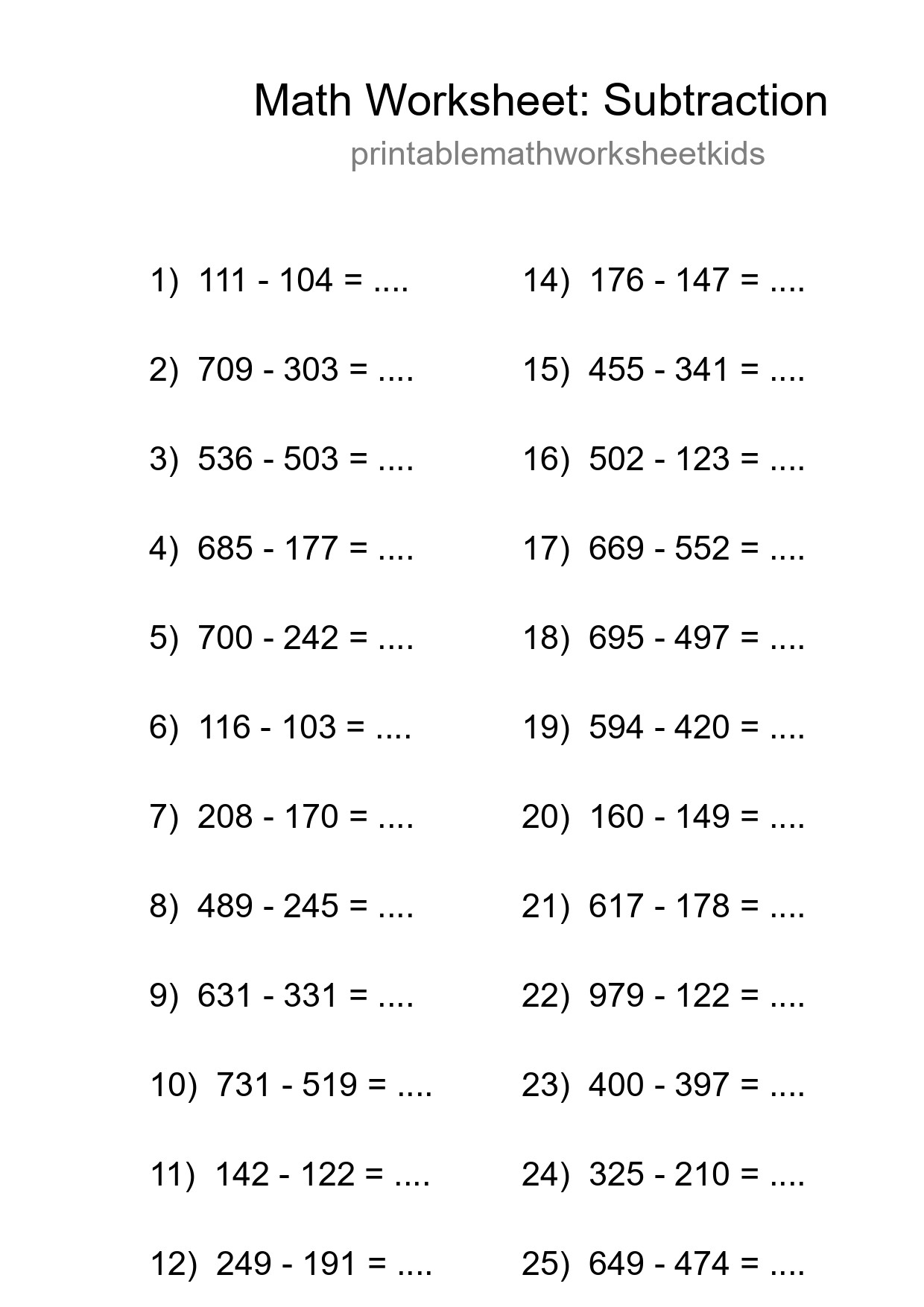 Printable Free 25 Subtraction Math Worksheet For Grade 5 - Part 195